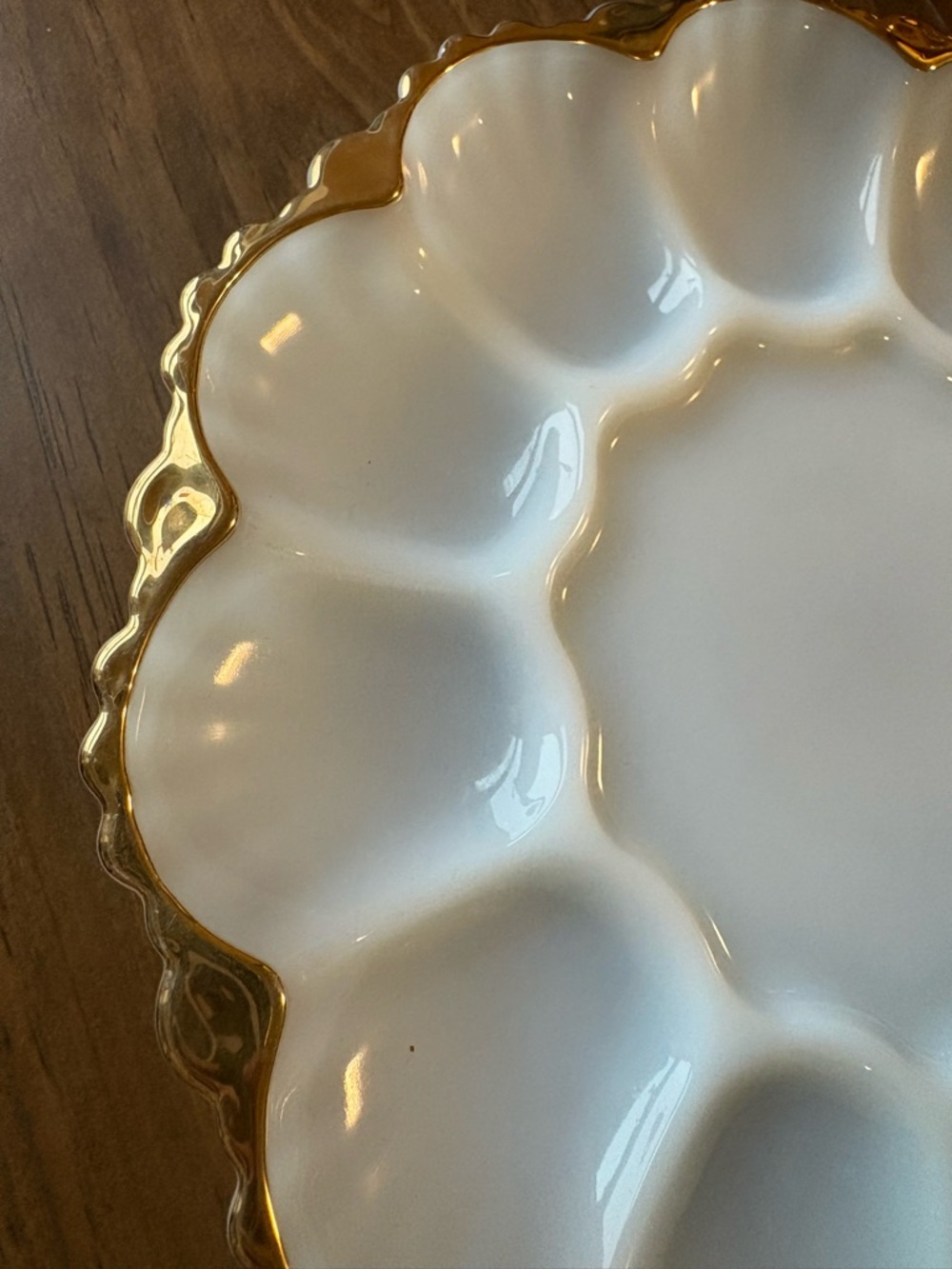 VTG Anchor Hocking Fire-King Milk Glass  Deviled Egg Plate Scalloped Gold Rim